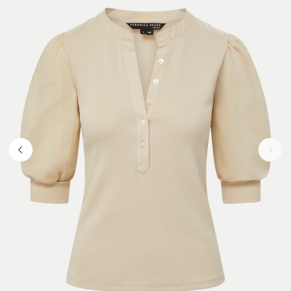 Veronica Beard Coralee Puff-Sleeve Tee in Limestone - NWT (Size XS )